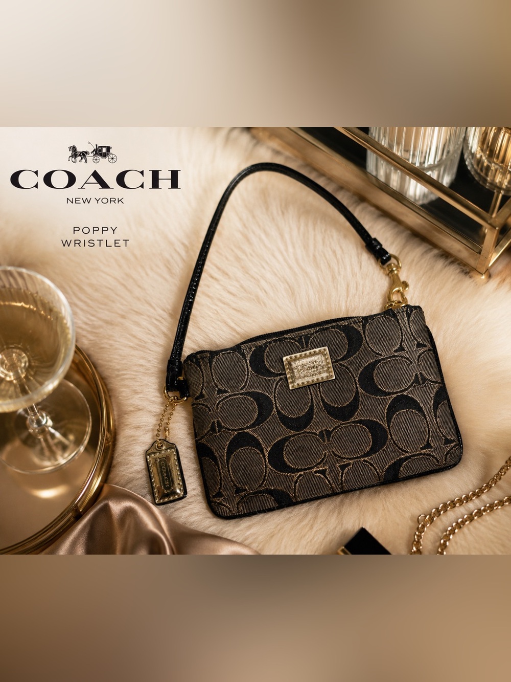 Y2K Coach Poppy Black Monogram Mini Wristlet Bag